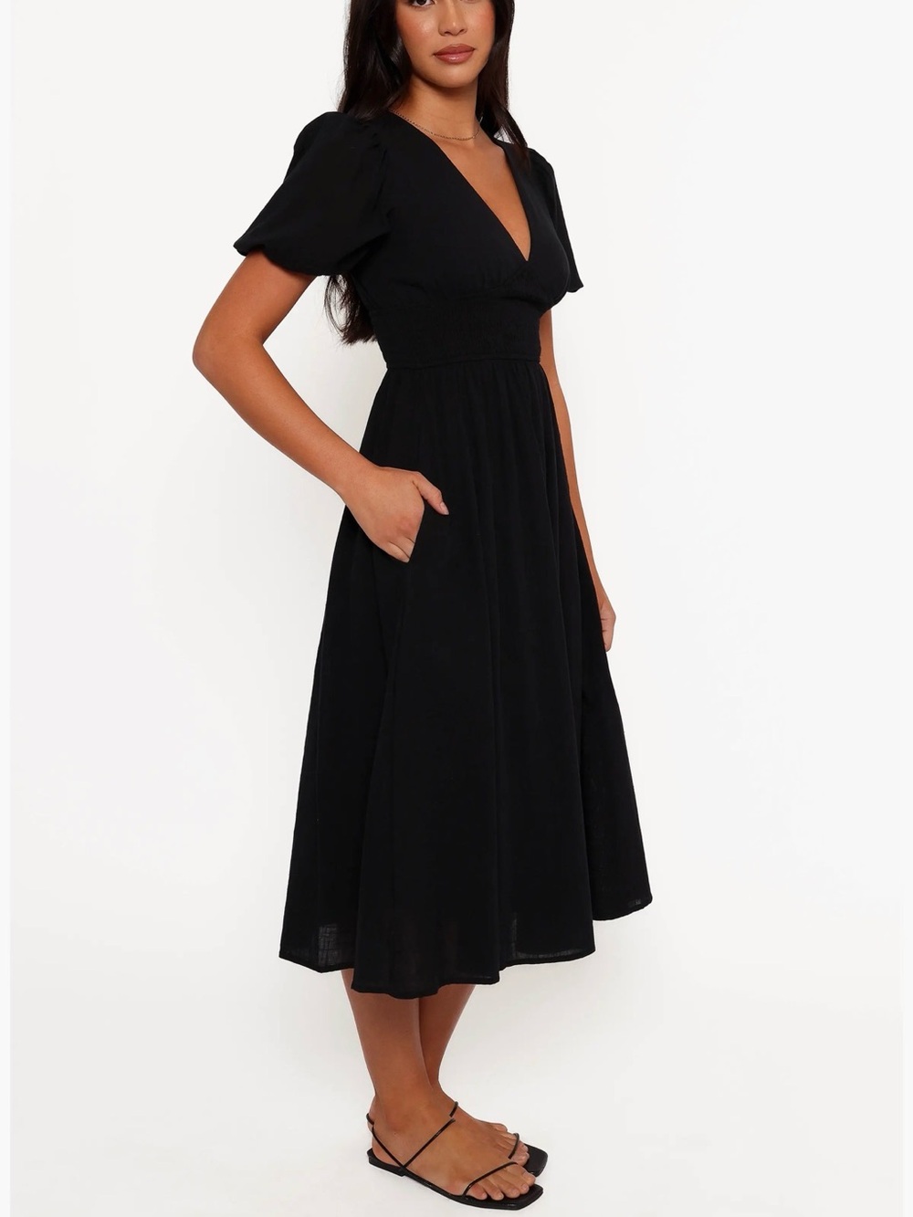 Petal & Pup Tan Puff Sleeve V‑Neck Midi Dress